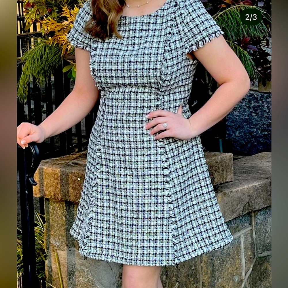Eliza J black and white tweed interview/appearance dress